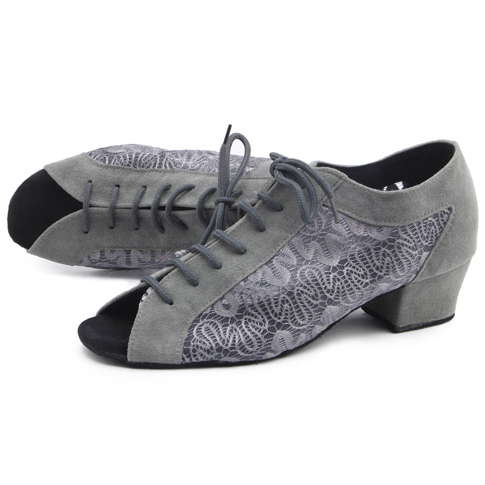 Women Ballroom Dancing Shoes Ladies Tango Latin Practice Dance Shoe Suede Sole Lace-up Open-toe Gray (PD1123E)