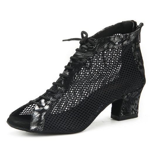 Women Ballroom Dancing Shoes with Suede Sole, Lace-up Open-toe Design in Black and Silver for Tango Latin Practice (PD1134A)0