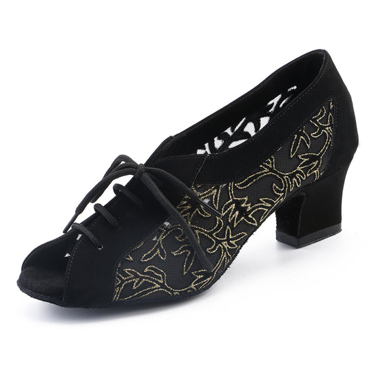 Women Ballroom Dancing Shoes with Suede Sole, Lace-up Open-toe Design in Black and Gold for Tango Latin Practice (PD1137A)5
