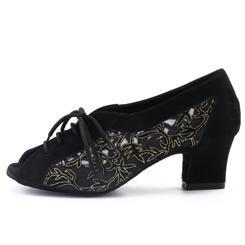 Women Ballroom Dancing Shoes with Suede Sole, Lace-up Open-toe Design in Black and Gold for Tango Latin Practice (PD1137A)3