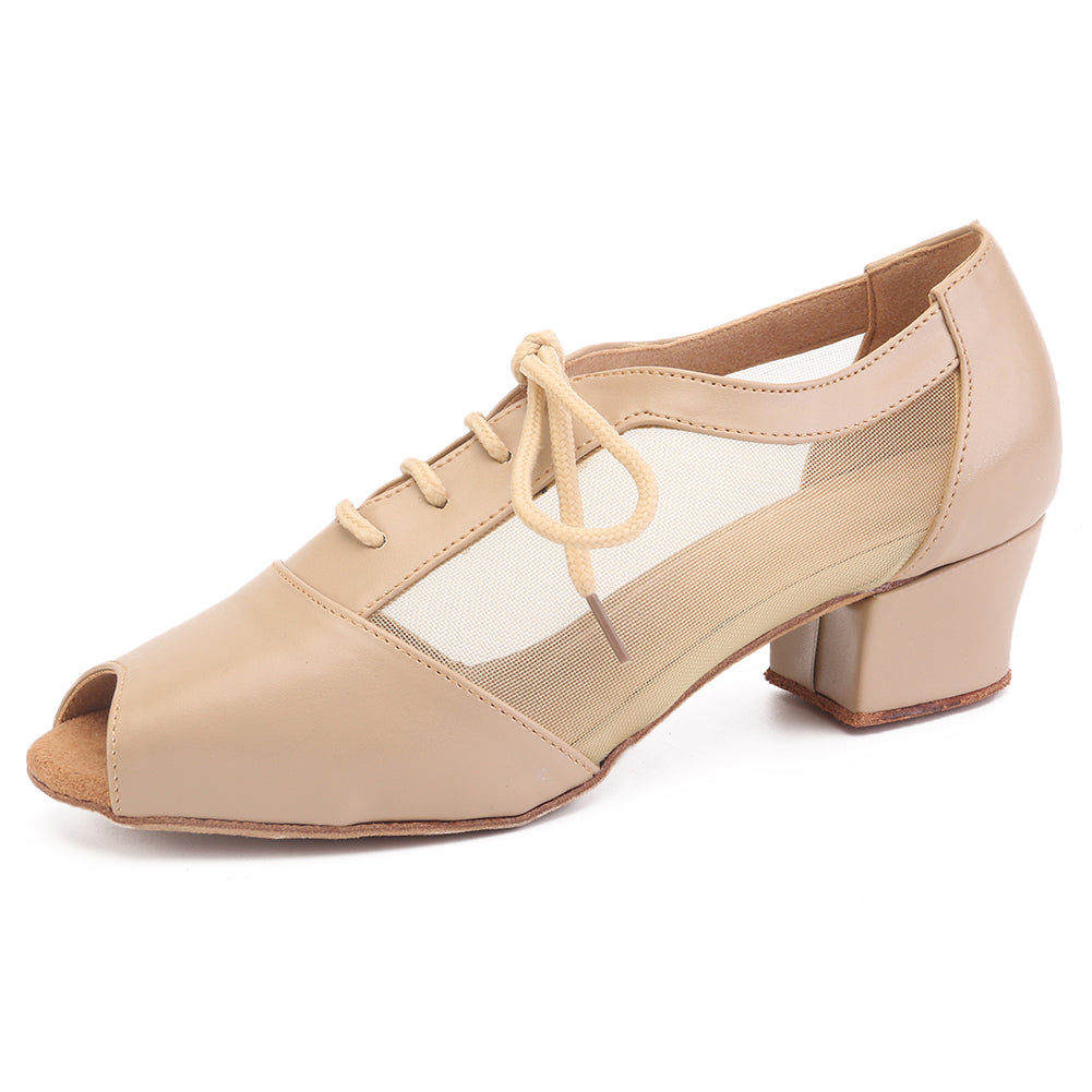 Women Ballroom Dancing Shoes with Suede Sole, Lace-up Peep-toe Design in Nude Color for Tango Latin Practice (PD1141A)2