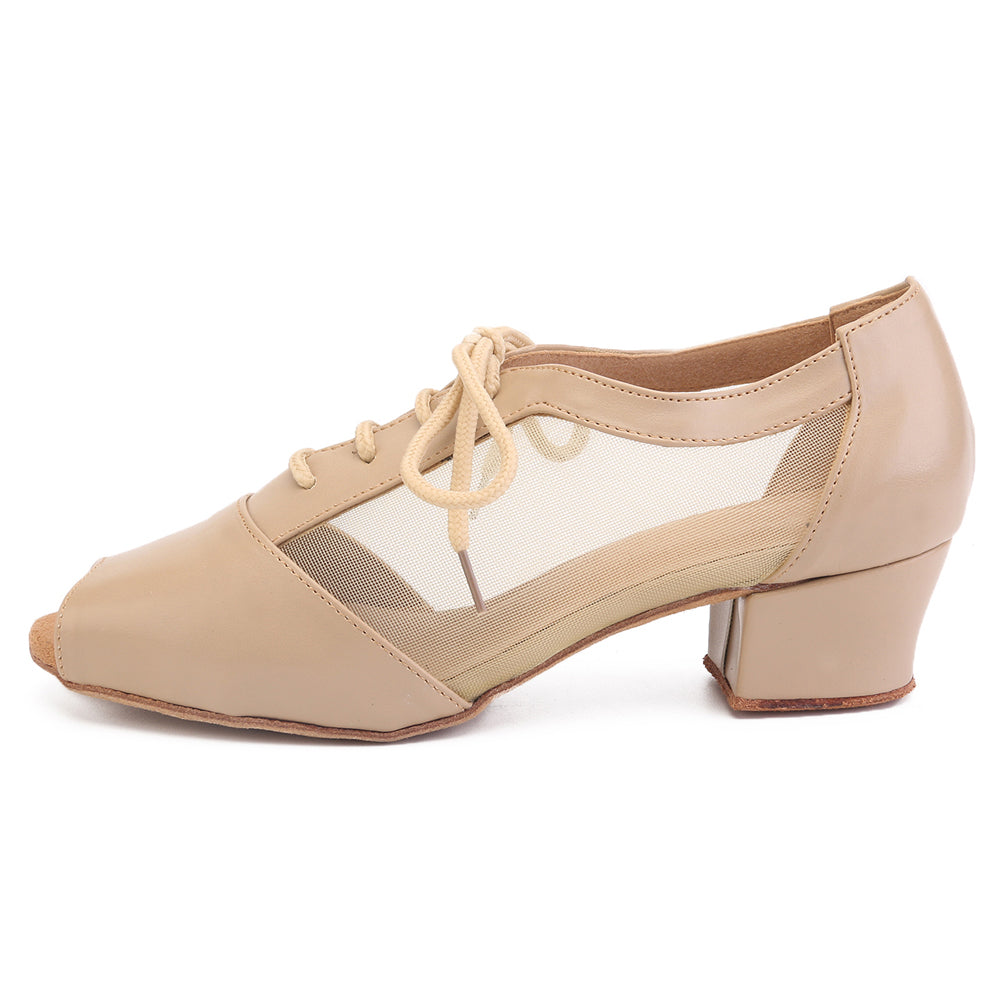 Women Ballroom Dancing Shoes with Suede Sole, Lace-up Peep-toe Design in Nude Color for Tango Latin Practice (PD1141A)0