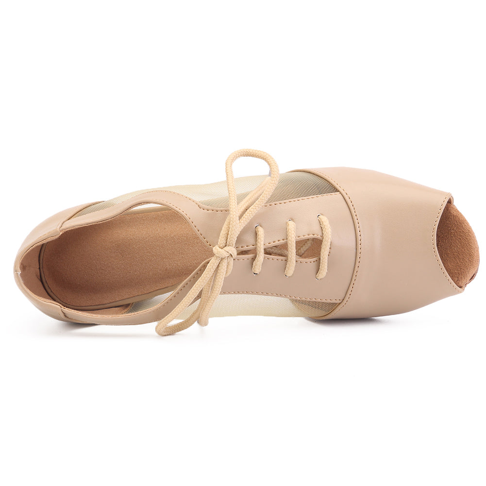 Women Ballroom Dancing Shoes with Suede Sole, Lace-up Peep-toe Design in Nude Color for Tango Latin Practice (PD1141A)4