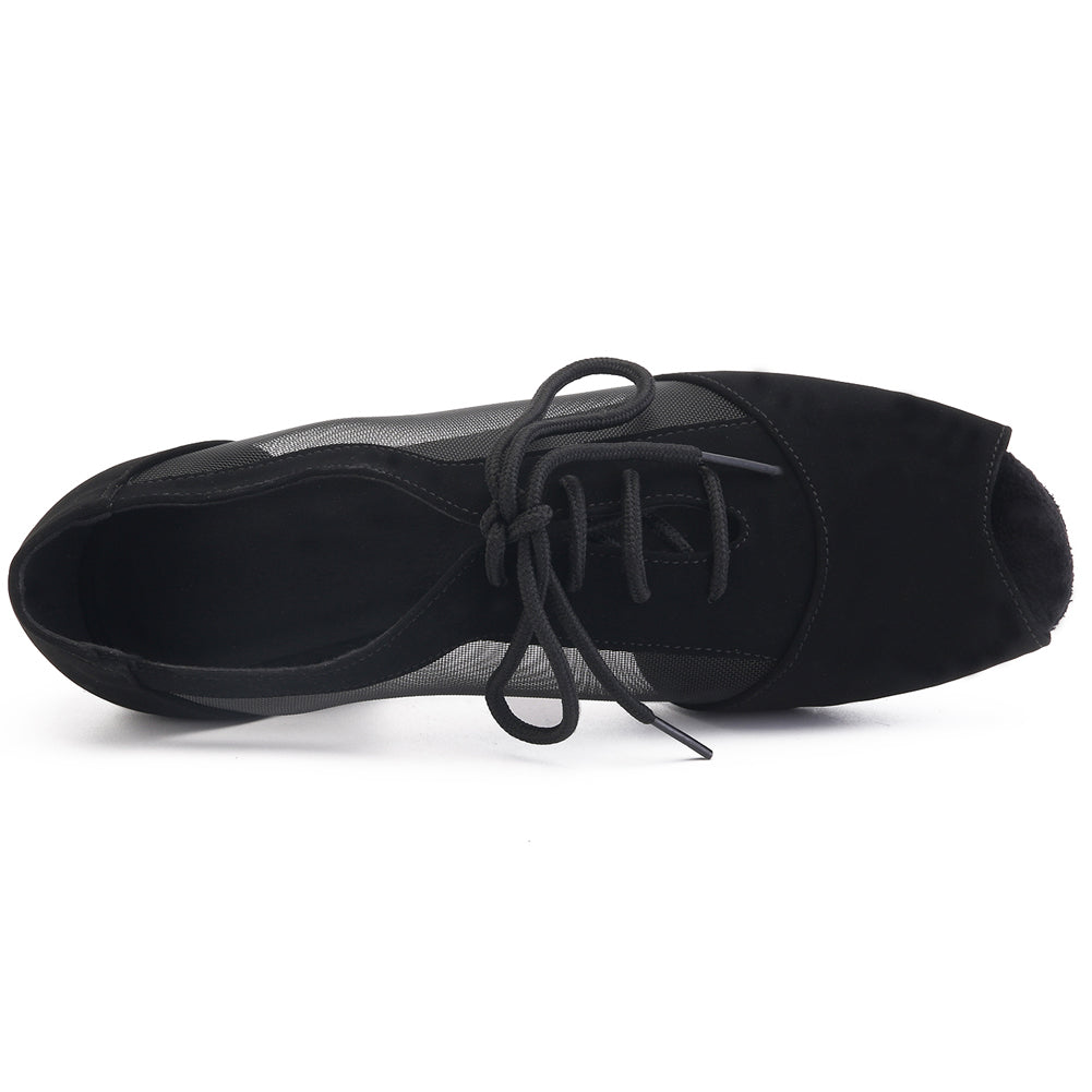 Women Ballroom Dancing Shoes with Suede Sole Lace-up Peep-toe in Black for Tango Latin Practice (PD1141B)5