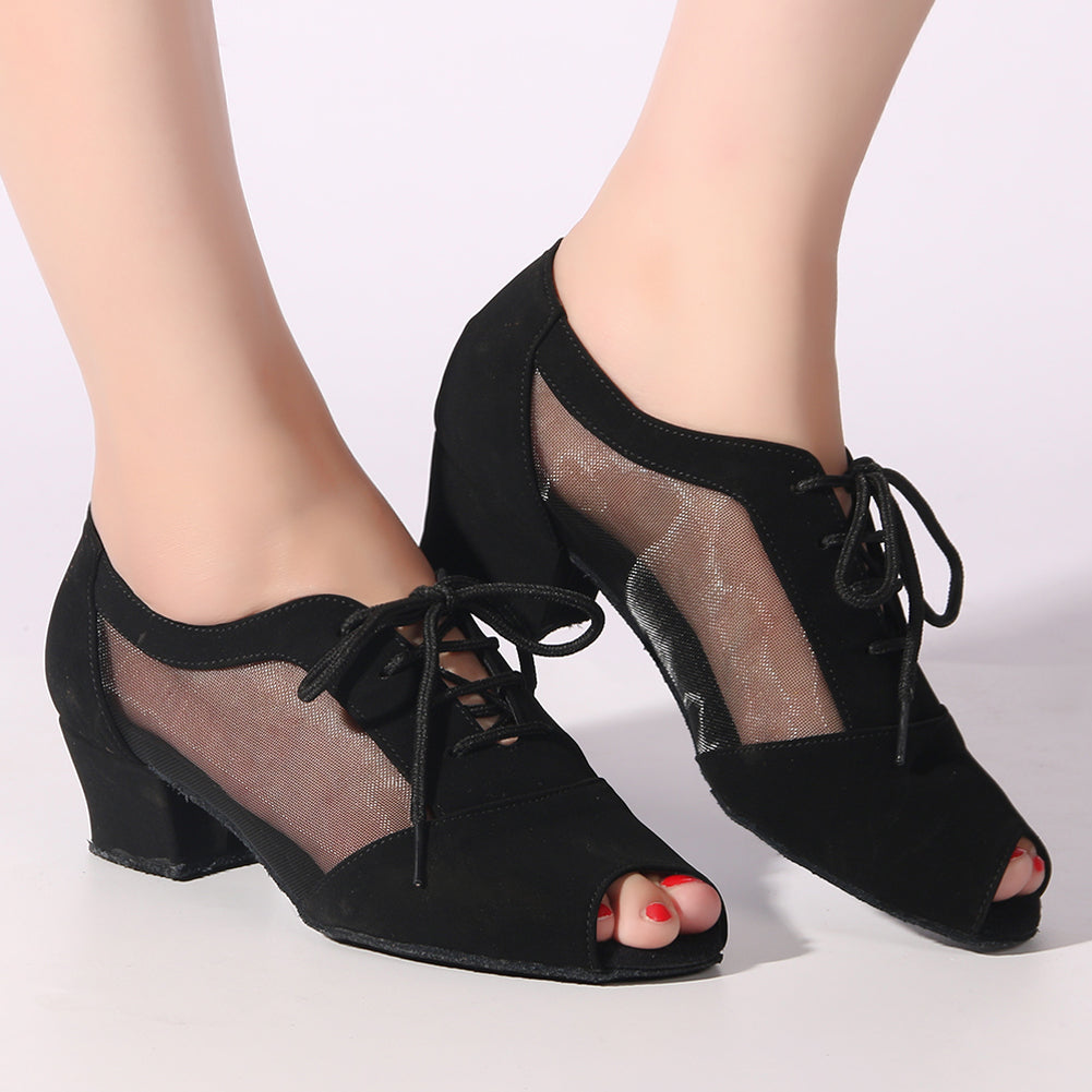 Women Ballroom Dancing Shoes with Suede Sole Lace-up Peep-toe in Black for Tango Latin Practice (PD1141B)0