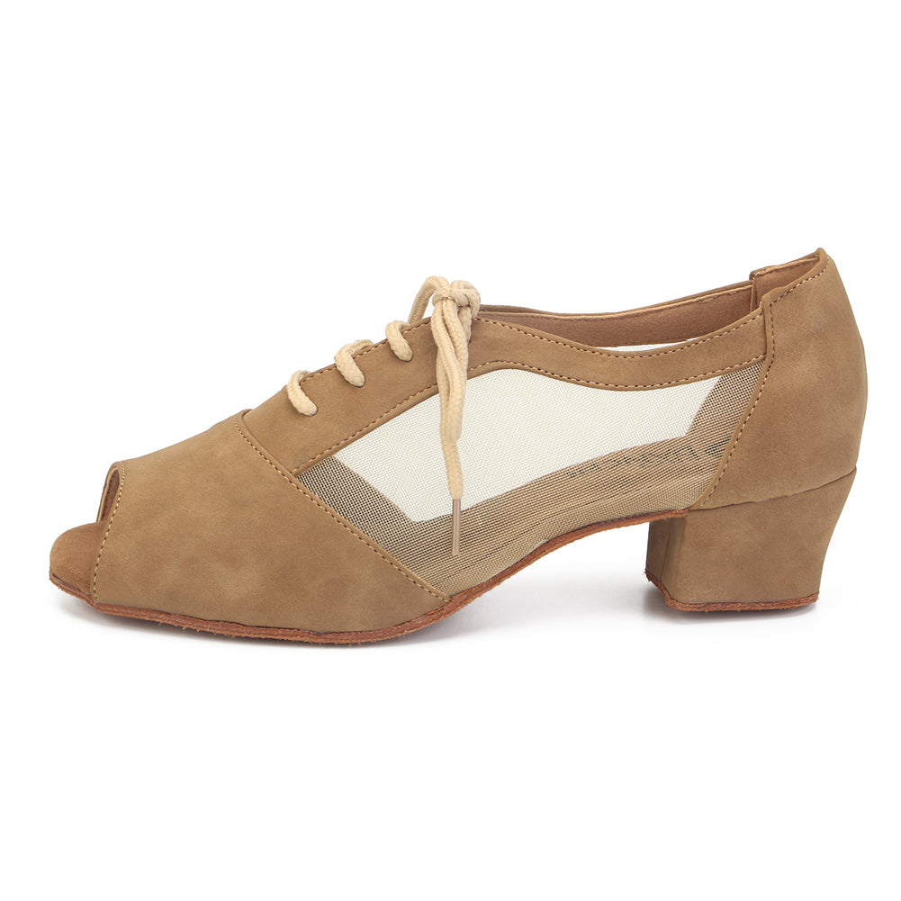 Women Ballroom Dancing Shoes with Suede Sole Lace-up Peep-toe in Brown for Tango Latin Practice (PD1141C)1