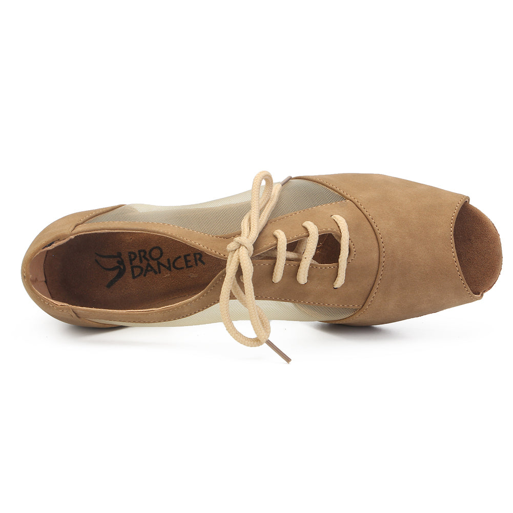 Women Ballroom Dancing Shoes with Suede Sole Lace-up Peep-toe in Brown for Tango Latin Practice (PD1141C)4