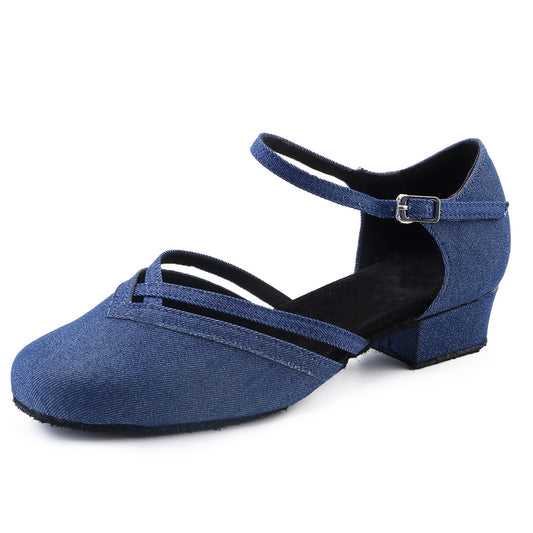 Women blue ballroom dancing shoes with suede sole and lace-up closed-toe design for tango latin practice (PD8881F)1
