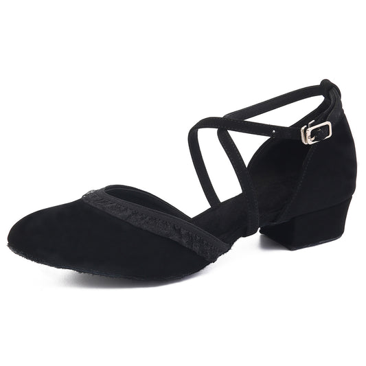 Women black lace-up closed-toe ballroom dancing shoes with suede sole for tango and latin practice (PD2016A)3
