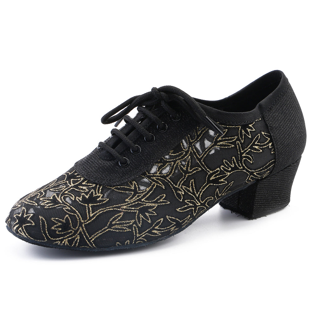 Women black lace-up closed-toe ballroom dancing shoes with suede sole for tango latin practice2