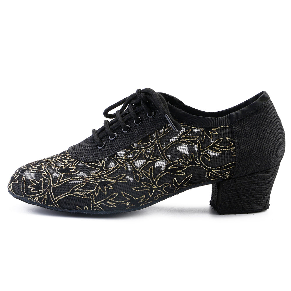 Women black lace-up closed-toe ballroom dancing shoes with suede sole for tango latin practice0