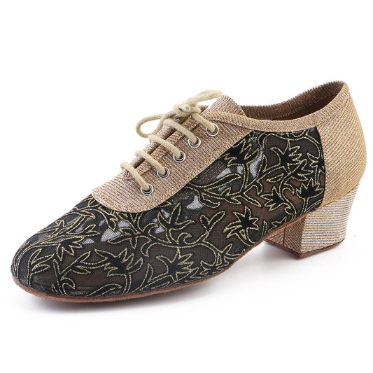 Women Ballroom Dancing Shoes with Suede Sole Lace-up Closed-toe in Gold for Tango Latin Practice (PD5004B)0