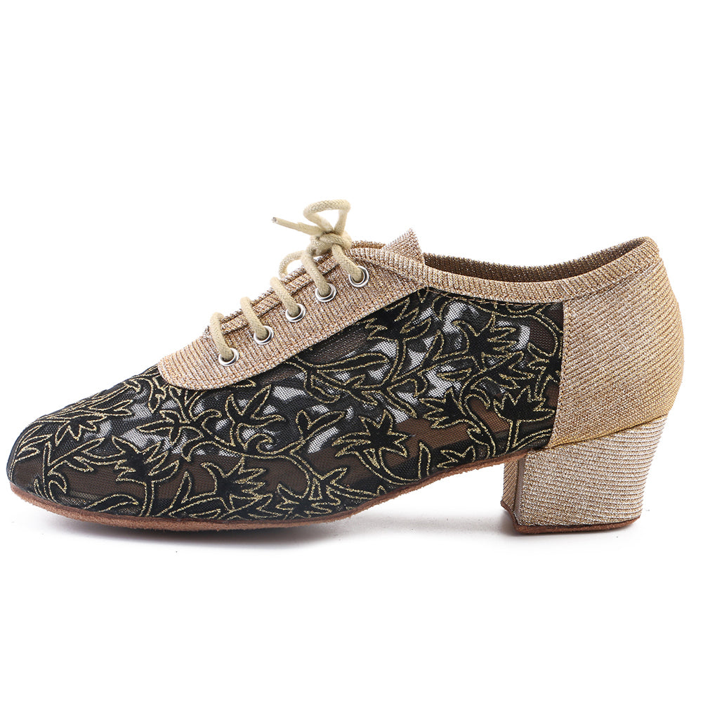 Women Ballroom Dancing Shoes Ladies Tango Latin Practice Dance Shoe Suede Sole Lace-up Closed-toe Gold (PD5004B)