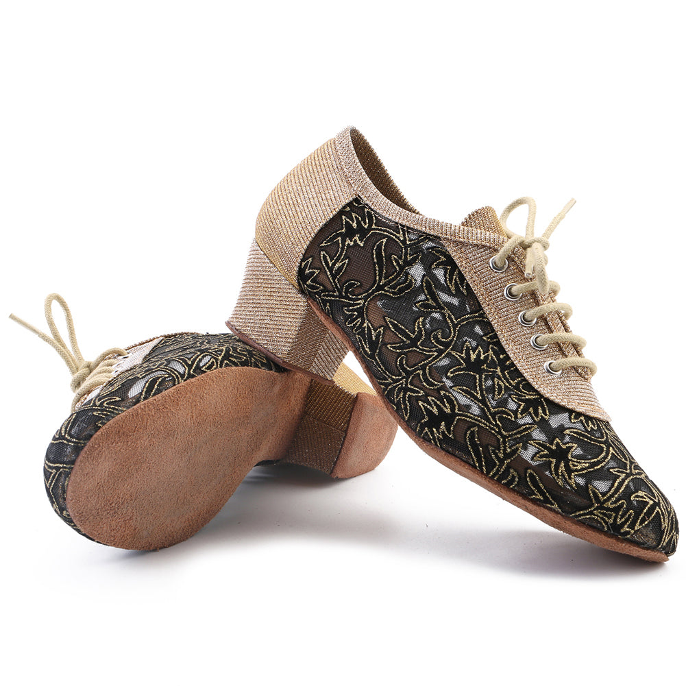 Women Ballroom Dancing Shoes with Suede Sole Lace-up Closed-toe in Gold for Tango Latin Practice (PD5004B)3