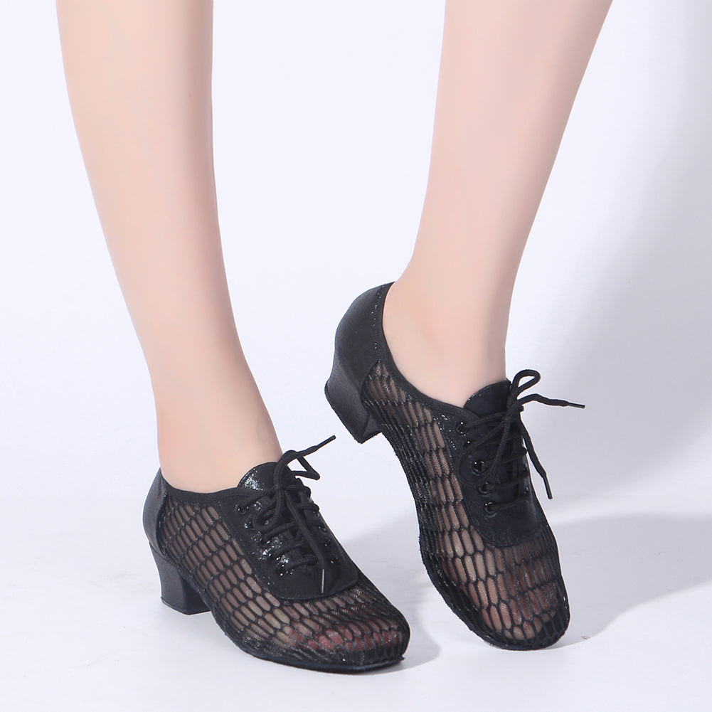 Women black lace-up ballroom dancing shoes with suede sole for tango and latin practice, closed-toe design (PD5004D)4