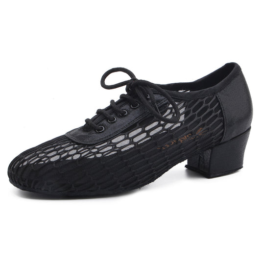 Women black lace-up ballroom dancing shoes with suede sole for tango and latin practice, closed-toe design (PD5004D)5