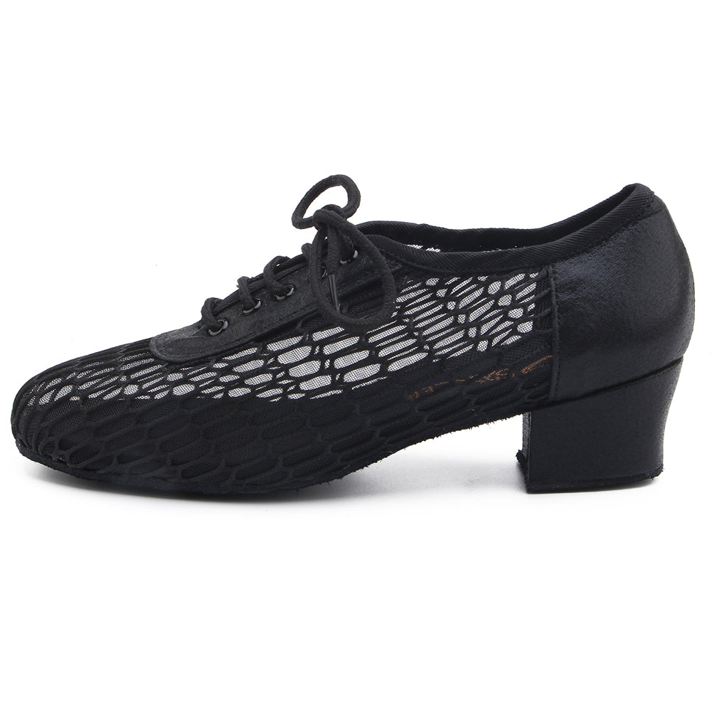 Women black lace-up ballroom dancing shoes with suede sole for tango and latin practice, closed-toe design (PD5004D)2