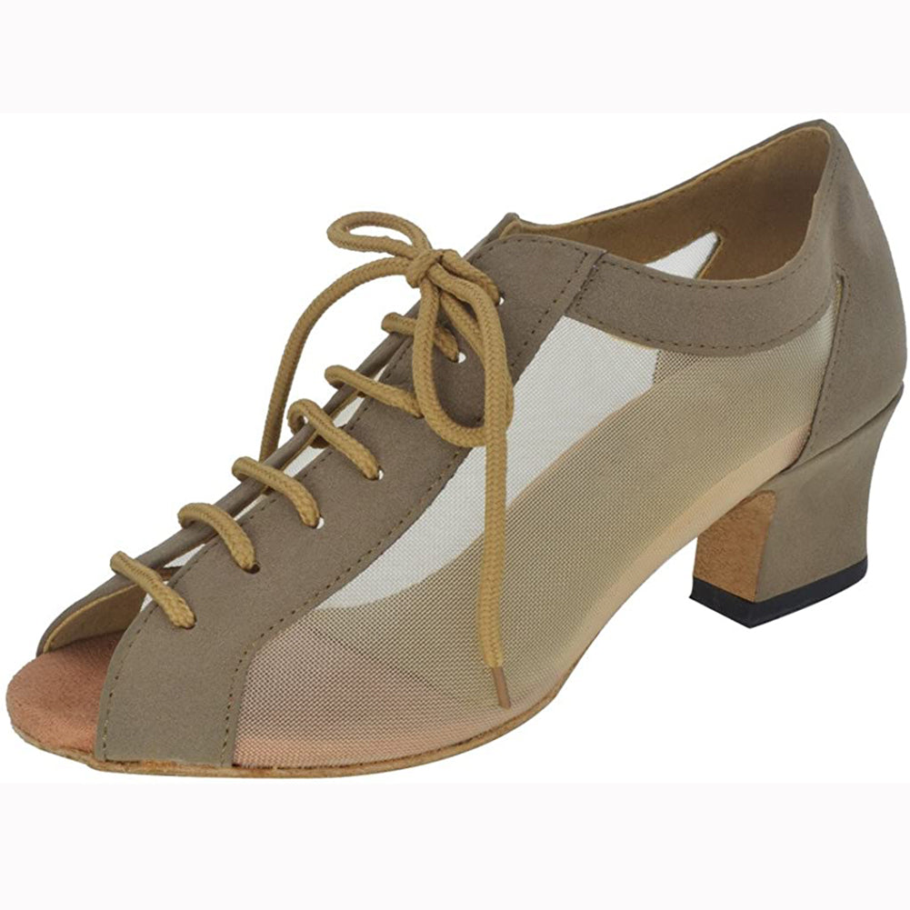 Women Ballroom Dancing Shoes with Suede Sole, Lace-up Open-toe Design in Brown for Tango Latin Practice (PD1145C)