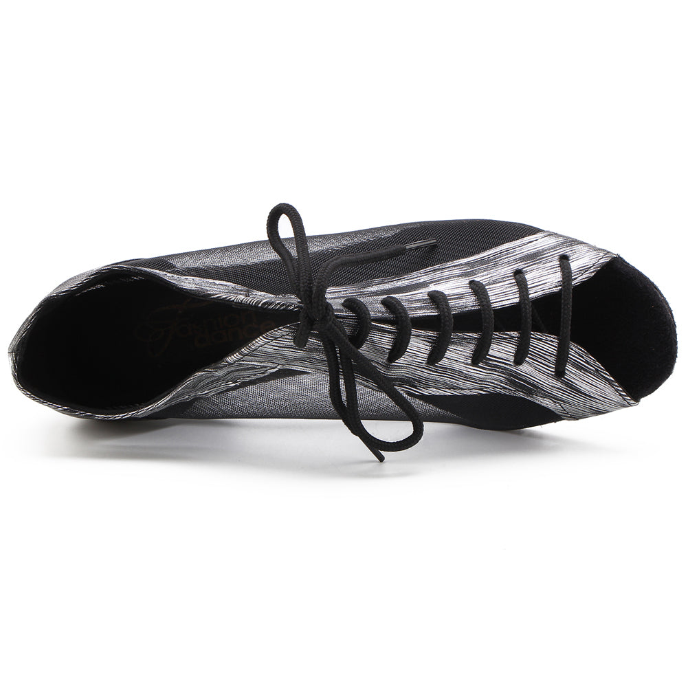 Women Ballroom Dancing Shoes with Suede Sole, Lace-up Open-toe Design in Black and Silver for Tango Latin Practice (PD1145A)1