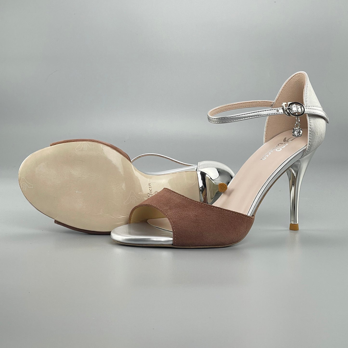 Pro Dancer Open-toe Professional Tango Shoes Closed-back High Heels Hard Leather Sole Brown and Gold (PD-9042D)