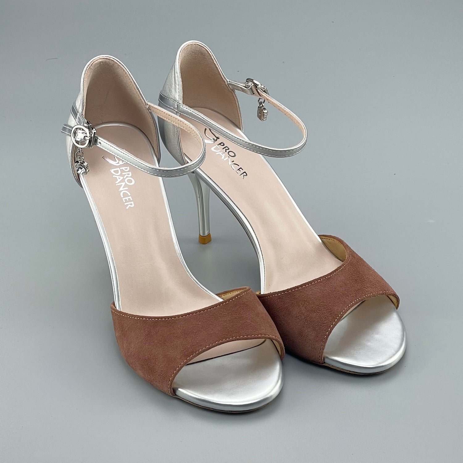 Pro Dancer open-toe Argentine Tango shoes with closed-back, high heels, hard leather sole in brown and silver (PD-9042E)0