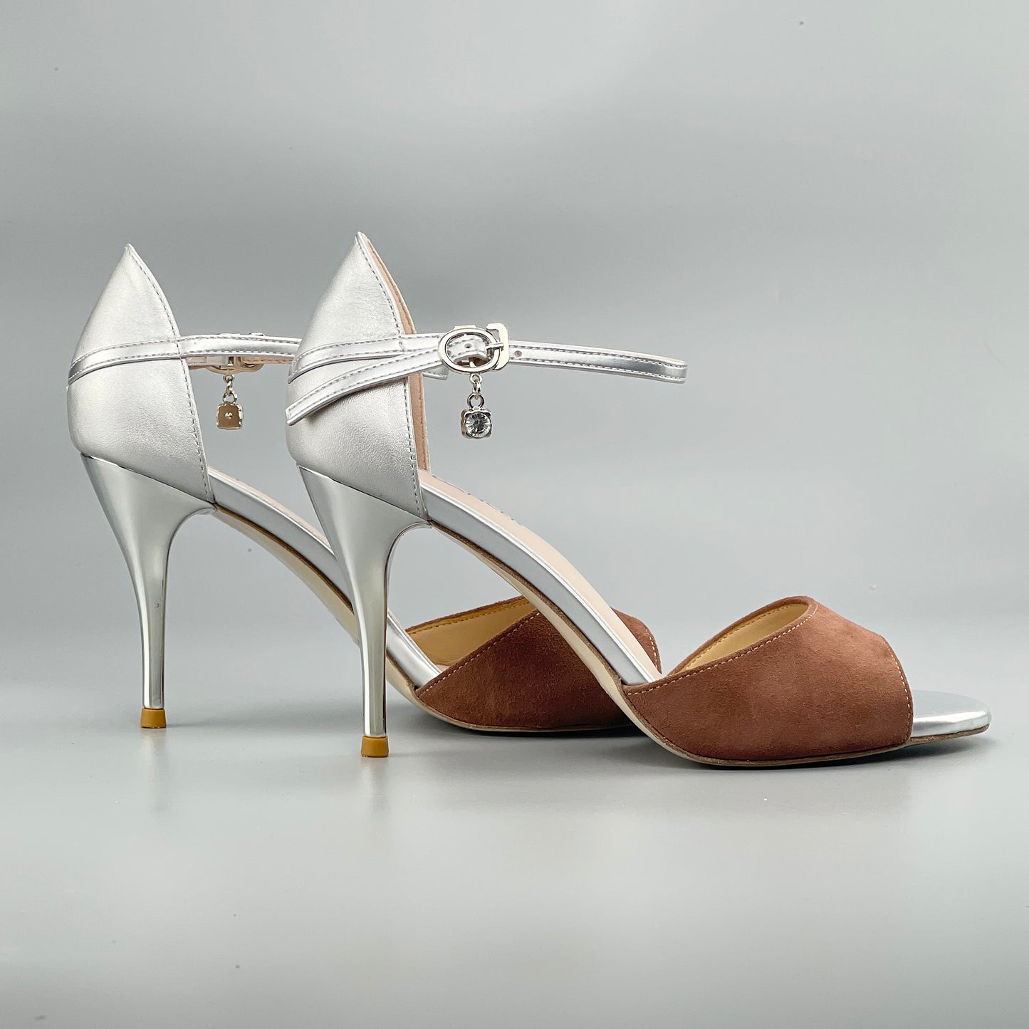Pro Dancer Open-toe Argentine Tango Shoes Closed-back High Heels Hard Leather Sole Brown and Silver (PD-9042E)