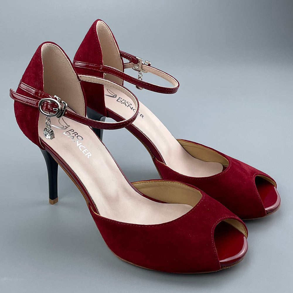 Pro Dancer dark red peep-toe tango shoes with closed-back high heels and hard leather sole (PD-9040B)3