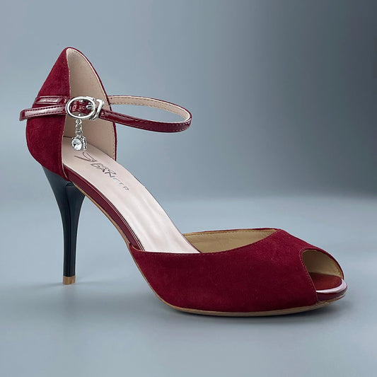 Pro Dancer dark red peep-toe tango shoes with closed-back high heels and hard leather sole (PD-9040B)0