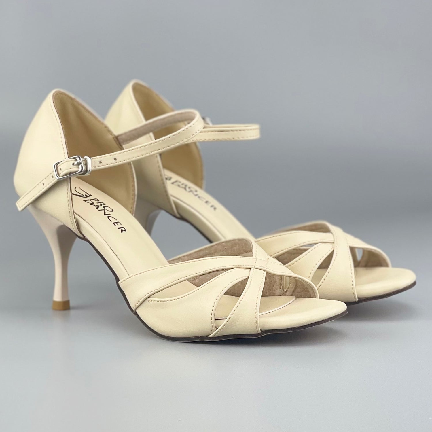 Pro Dancer Tango Argentino Shoes high heel dance sandals with leather sole in beige color (PD-9061A)2