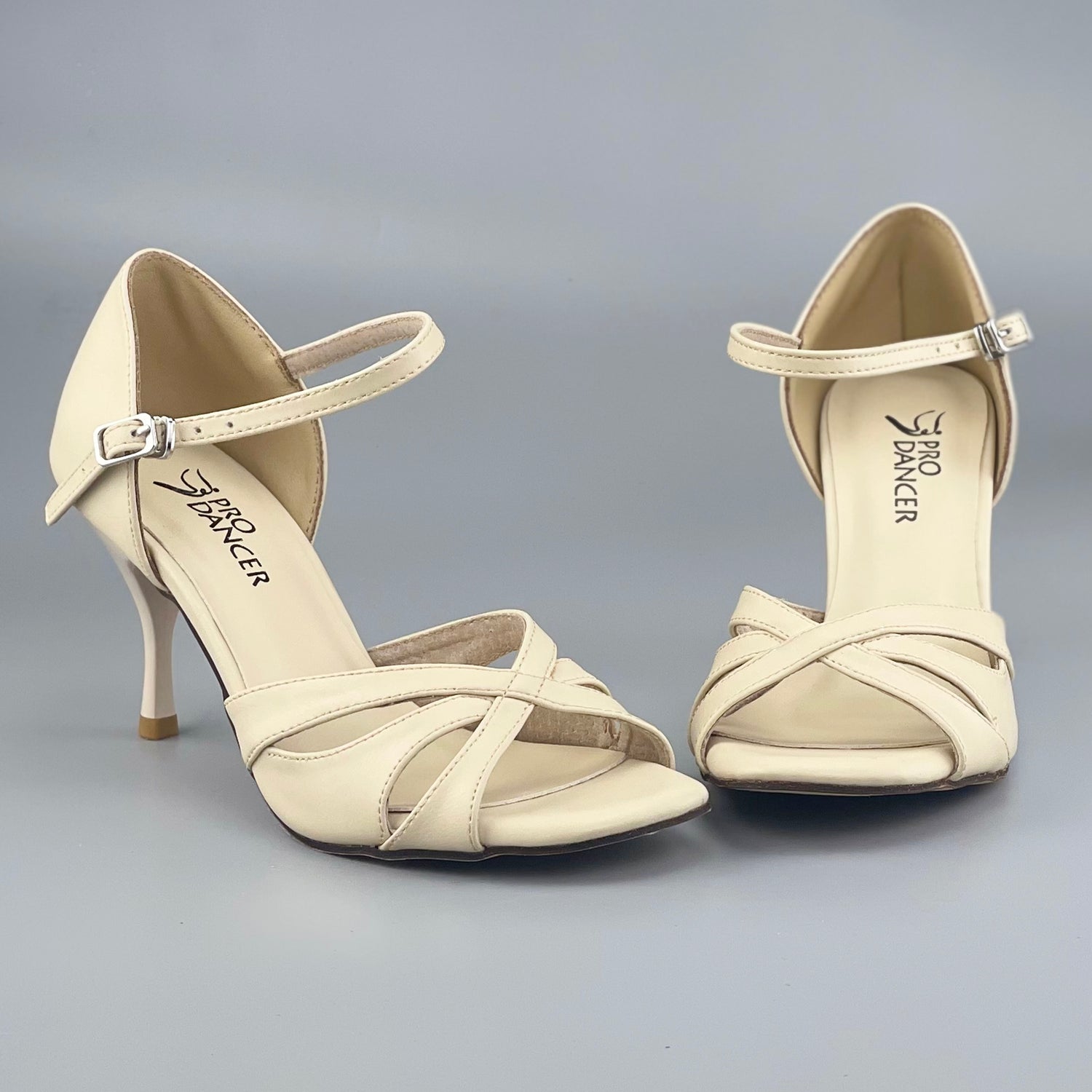 Pro Dancer Tango Argentino Shoes high heel dance sandals with leather sole in beige color (PD-9061A)6