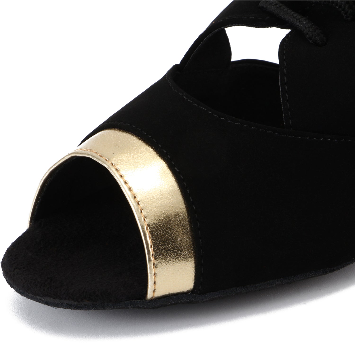 Women Ballroom Dancing Shoes with Suede Sole, Lace-up Open-toe Design in Black and Gold for Tango Latin Practice (PD-3004A)2