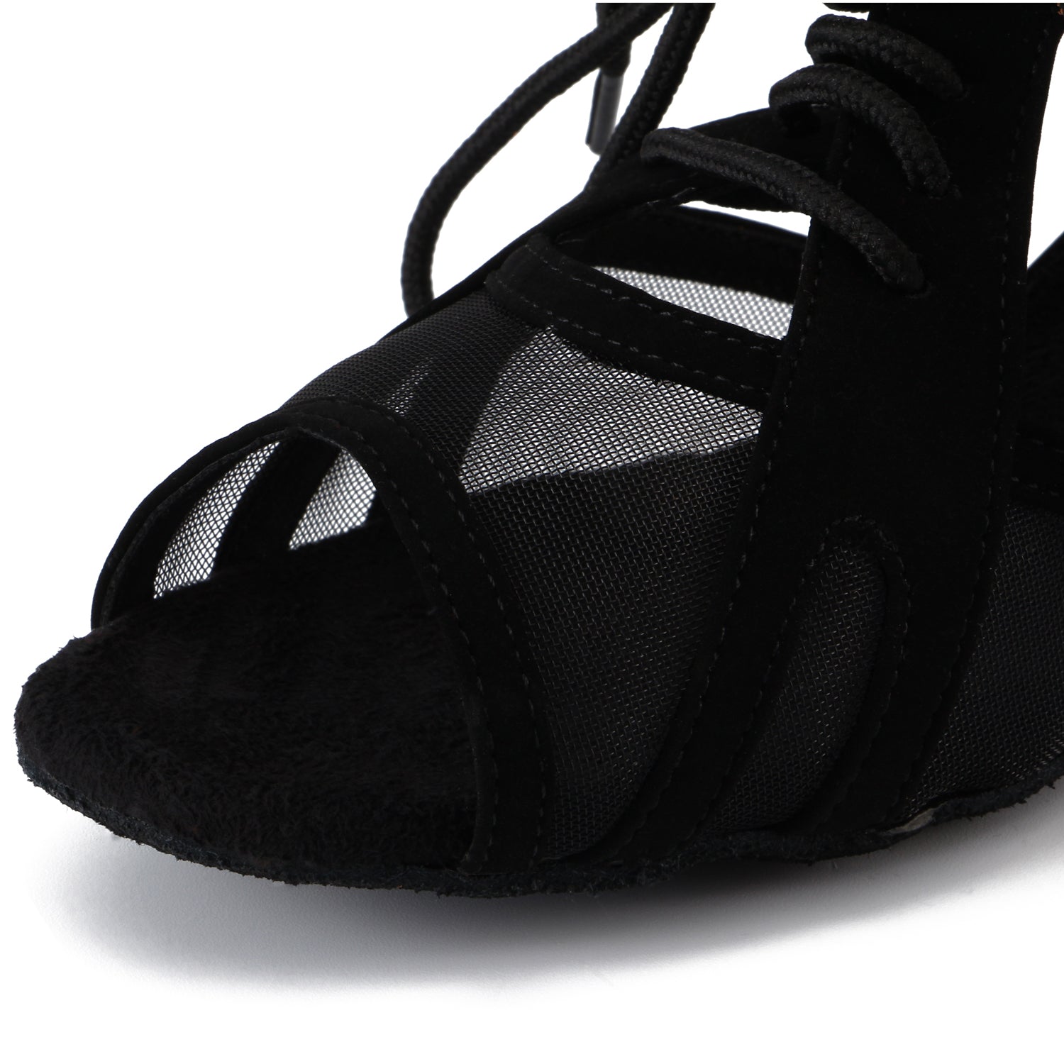 Women Ballroom Dancing Shoes with Suede Sole, Lace-up Open-toe Design in Black for Tango Latin Practice - PD-3002A3