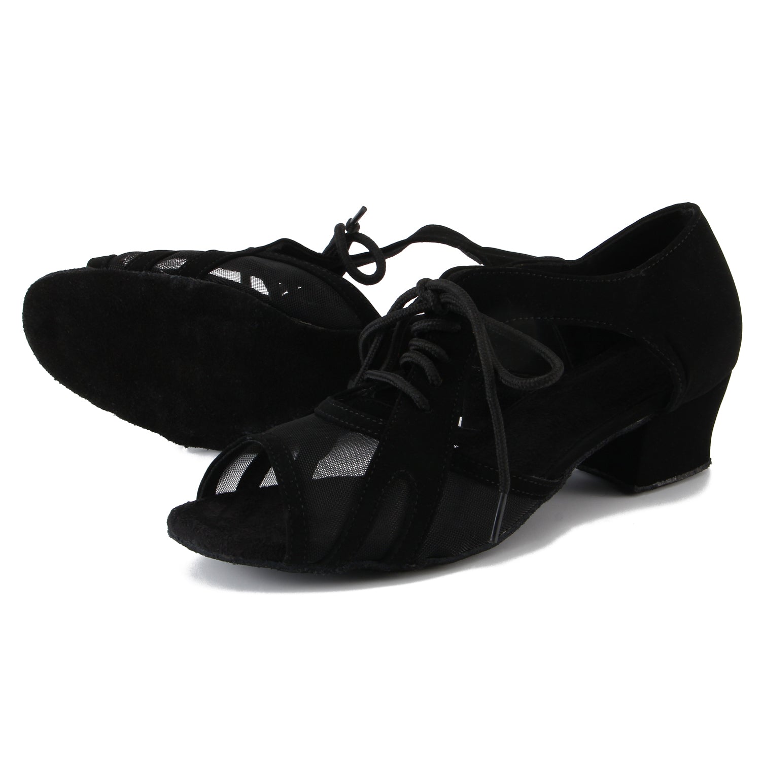 Women Ballroom Dancing Shoes with Suede Sole, Lace-up Open-toe Design in Black for Tango Latin Practice - PD-3002A7