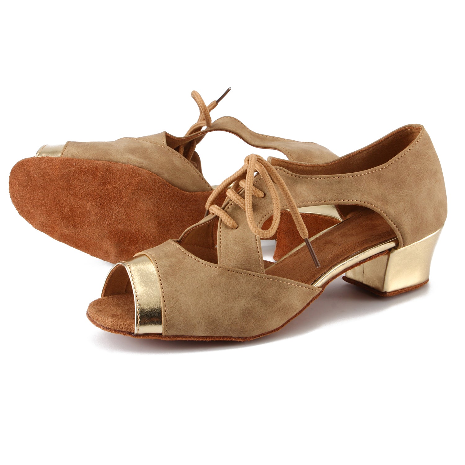 Women Ballroom Dancing Shoes with Suede Sole, Lace-up Open-toe Design in Brown and Gold for Tango Latin Practice (PD-3004B)2