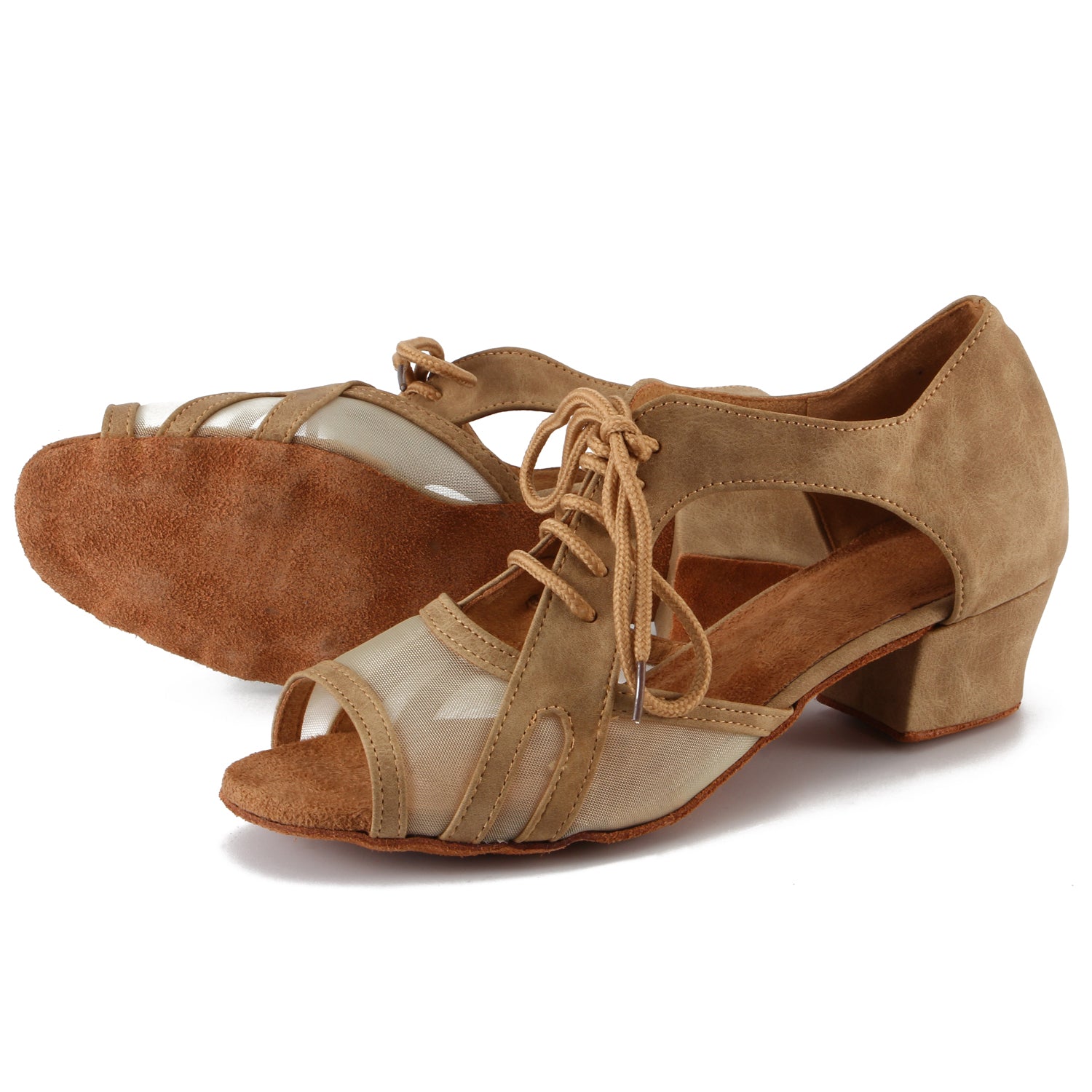 Women Ballroom Dancing Shoes with Suede Sole, Lace-up Open-toe Design in Brown for Tango Latin Practice (PD-3002B)1