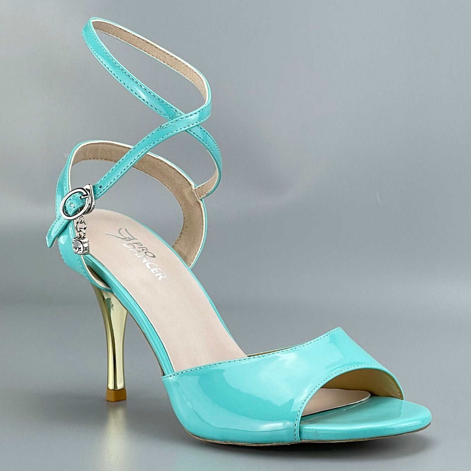 Elegant blue peep-toe tango shoes with high heels and hard leather sole for professional dancers2