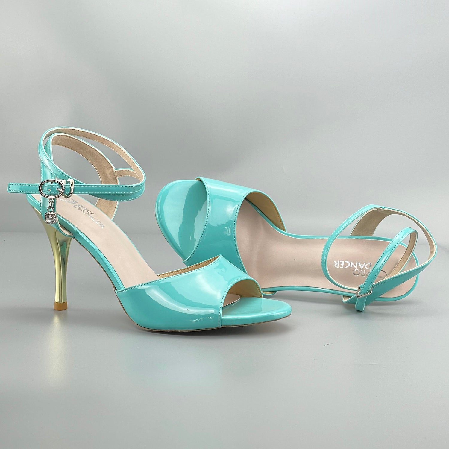 Elegant blue peep-toe tango shoes with high heels and hard leather sole for professional dancers4