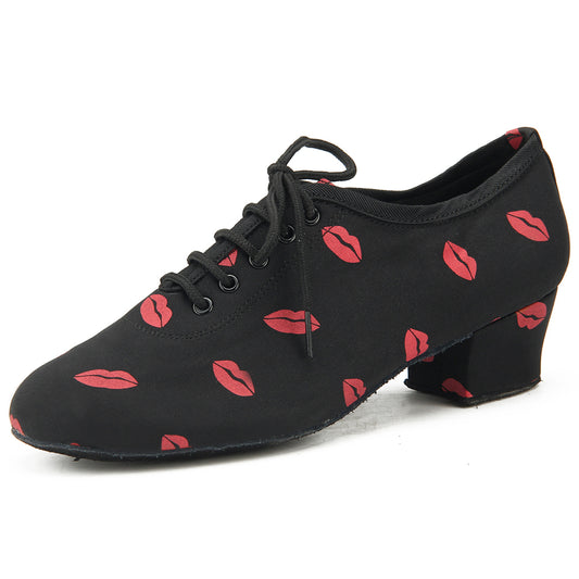 Women Ballroom Dancing Shoes with Suede Sole, Lace-up Closed-toe design in Black and Red for Tango Latin Practice - PD5002B0