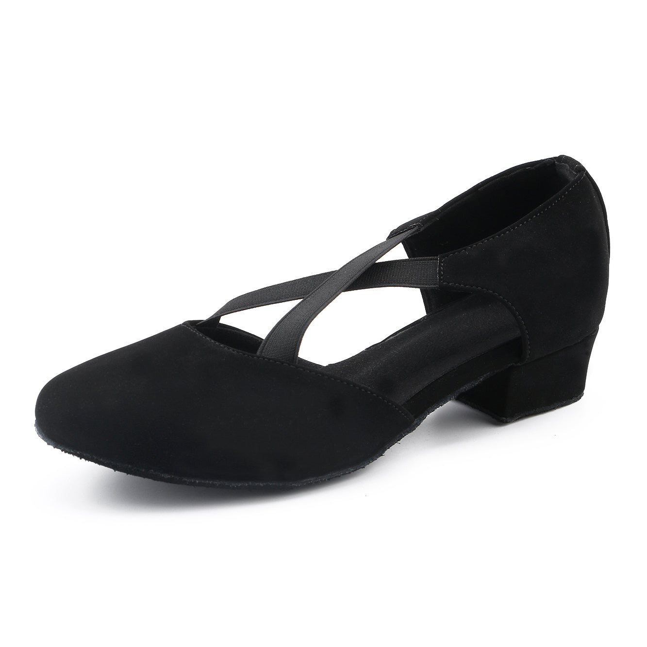 Ladies black low heel ballroom dancing shoes with suede sole for tango latin practice, closed-toe design (PD7307B)6