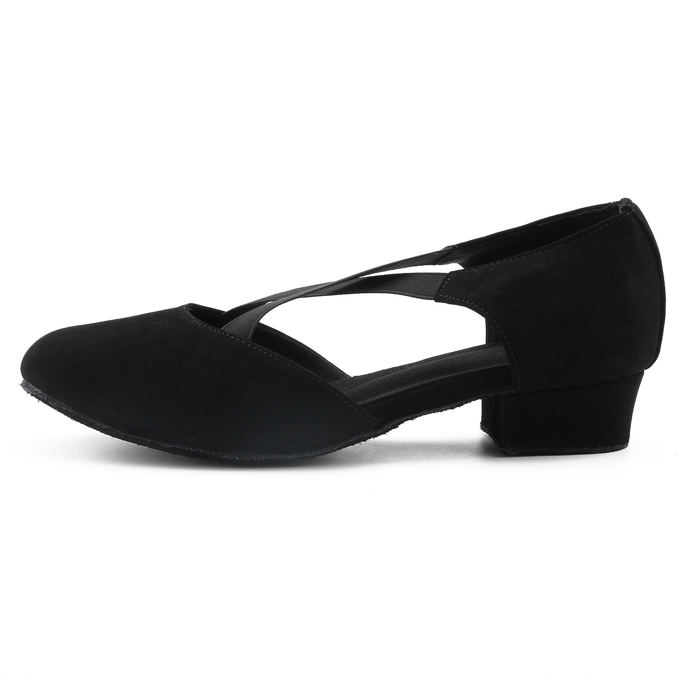 Ladies black low heel ballroom dancing shoes with suede sole for tango latin practice, closed-toe design (PD7307B)5