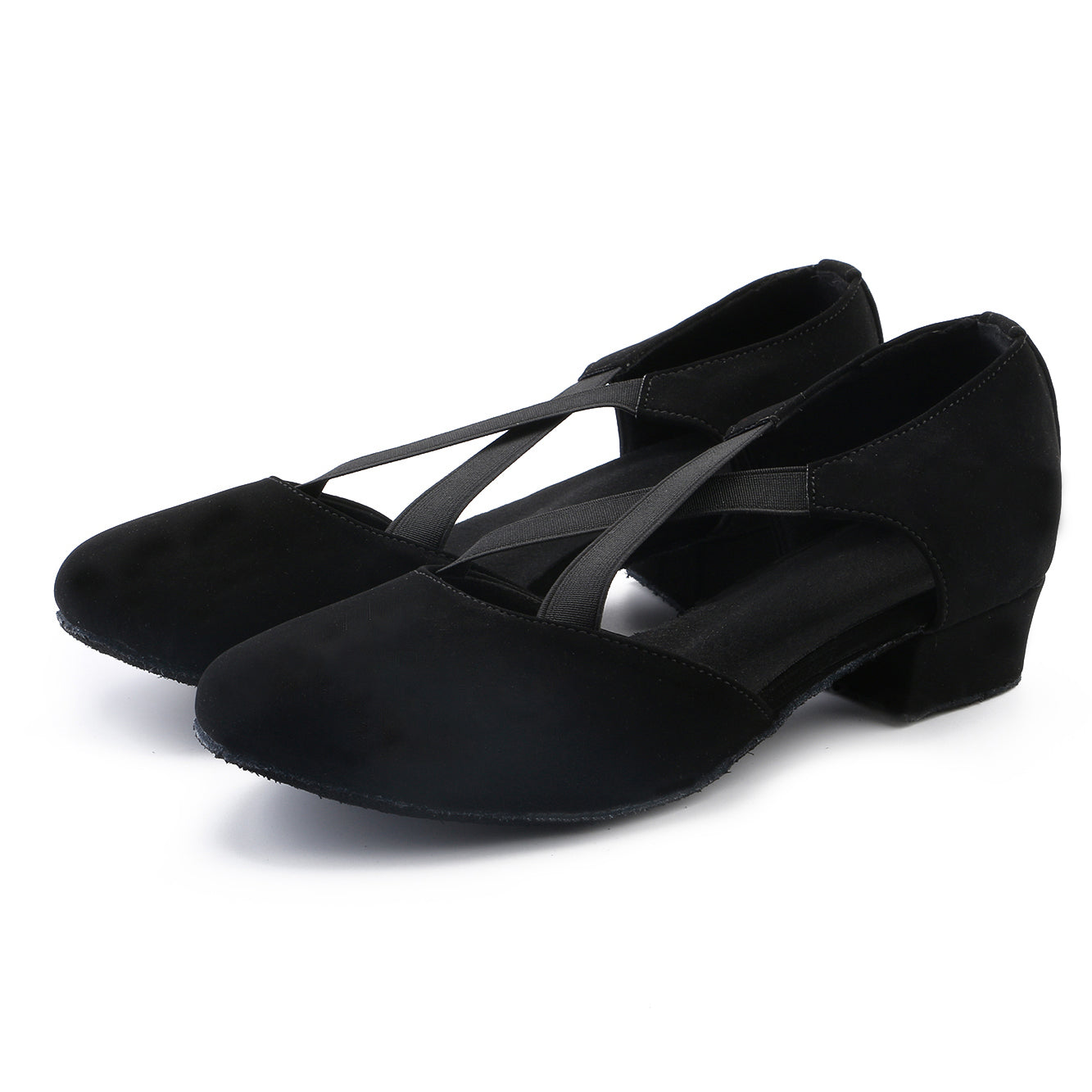 Ladies black low heel ballroom dancing shoes with suede sole for tango latin practice, closed-toe design (PD7307B)8