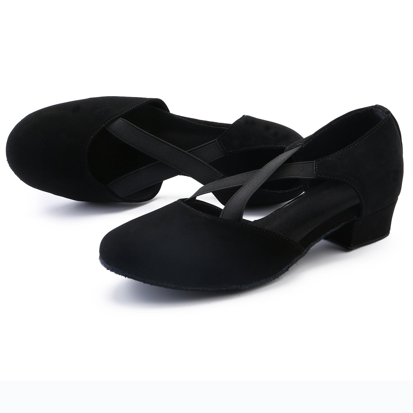 Ladies black low heel ballroom dancing shoes with suede sole for tango latin practice, closed-toe design (PD7307B)0