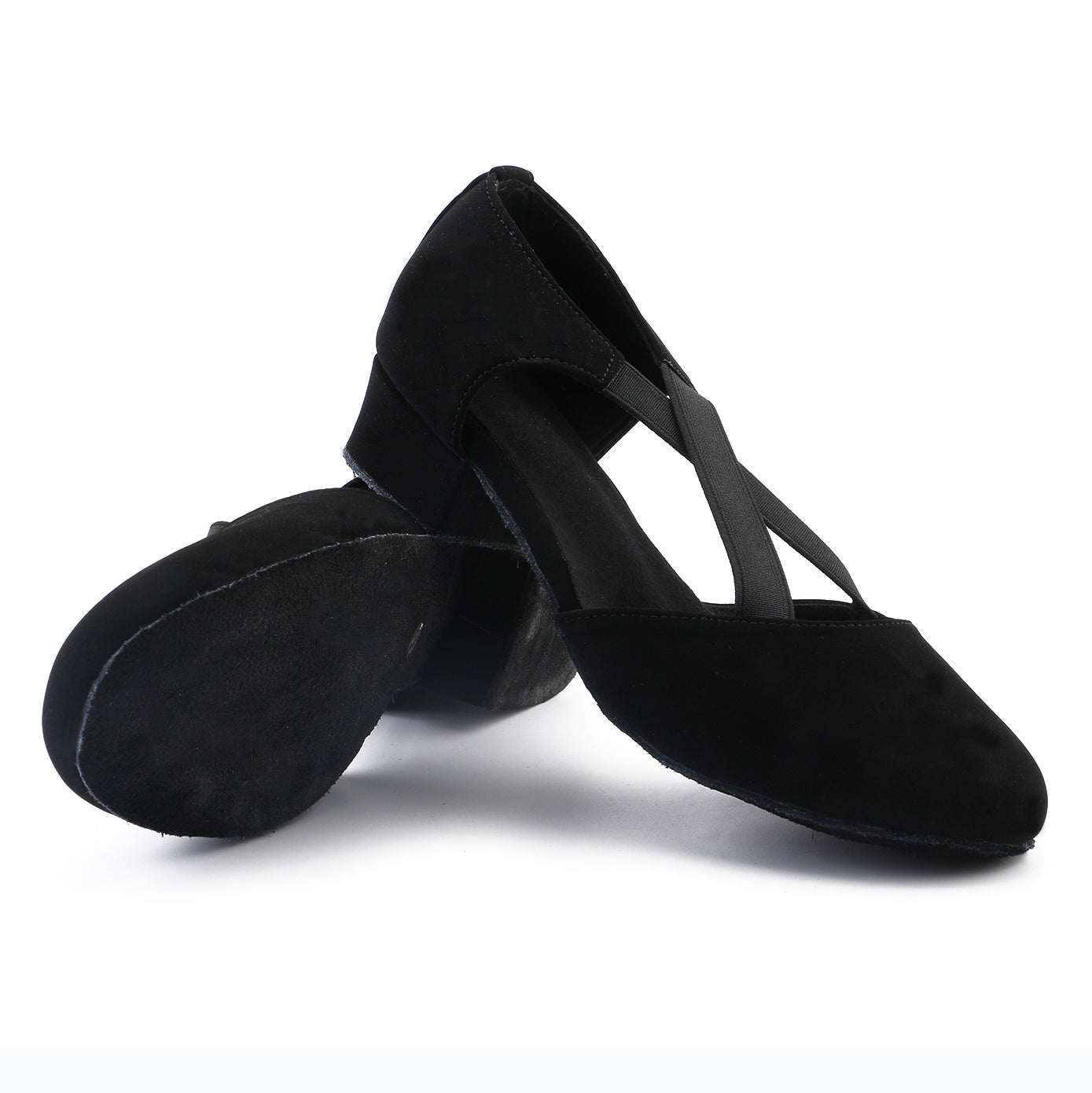 Ladies black low heel ballroom dancing shoes with suede sole for tango latin practice, closed-toe design (PD7307B)2