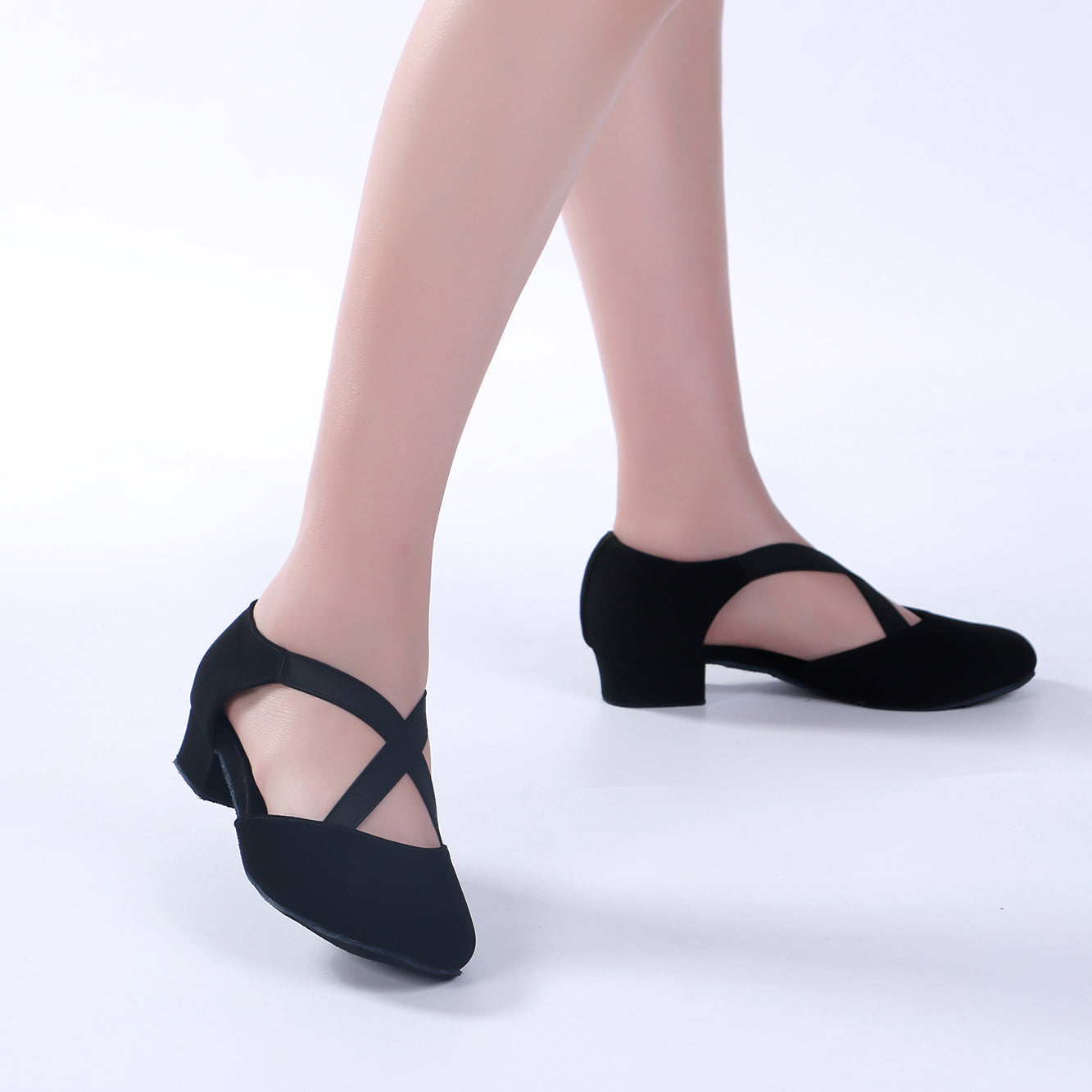 Ladies black low heel ballroom dancing shoes with suede sole for tango latin practice, closed-toe design (PD7307B)7