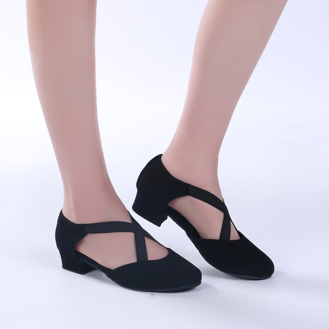 Ladies black low heel ballroom dancing shoes with suede sole for tango latin practice, closed-toe design (PD7307B)4