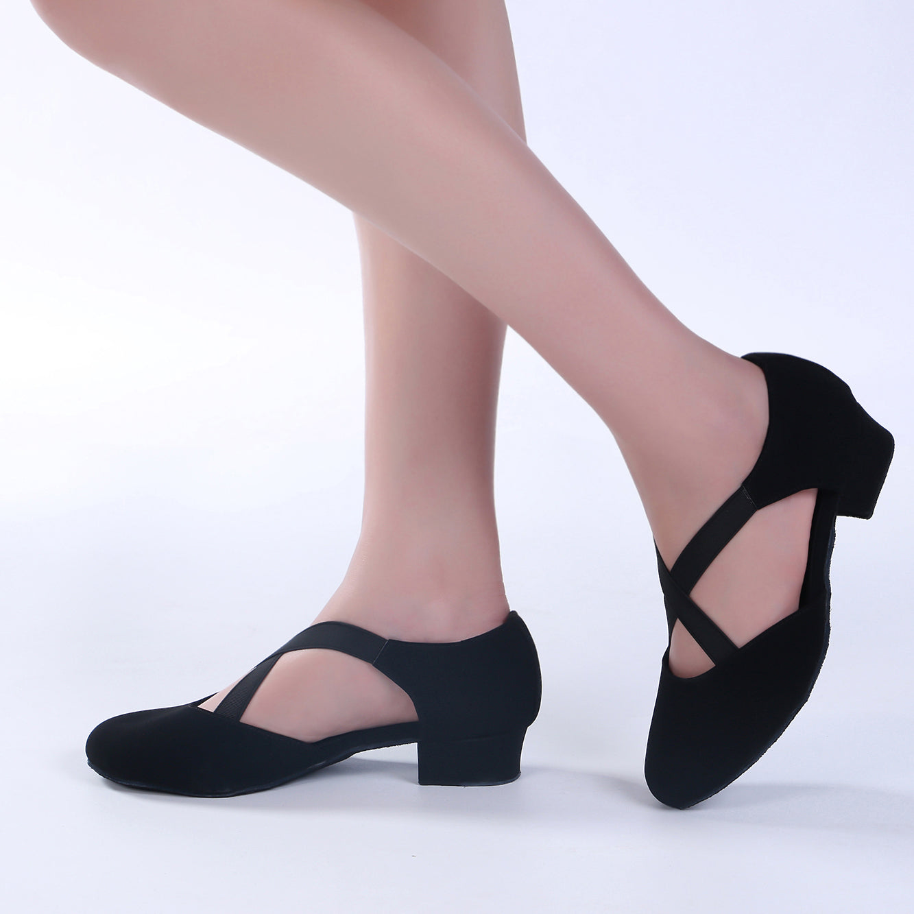 Ladies black low heel ballroom dancing shoes with suede sole for tango latin practice, closed-toe design (PD7307B)9