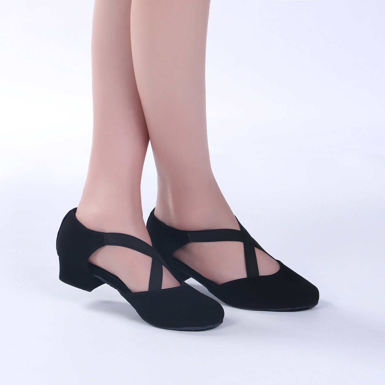 Ladies black low heel ballroom dancing shoes with suede sole for tango latin practice, closed-toe design (PD7307B)3