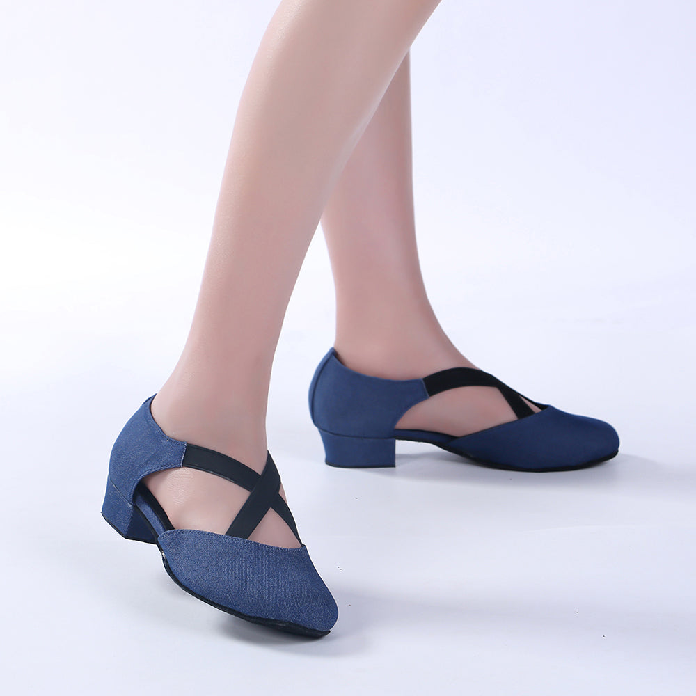 Women blue suede sole ballroom dancing shoes for tango and latin practice with closed-toe design (PD7307D)1