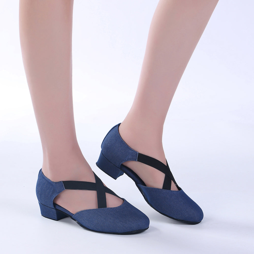 Women Ballroom Dancing Shoes Ladies Tango Latin Practice Dance Shoe Suede Sole Closed-toe Blue (PD7307D)
